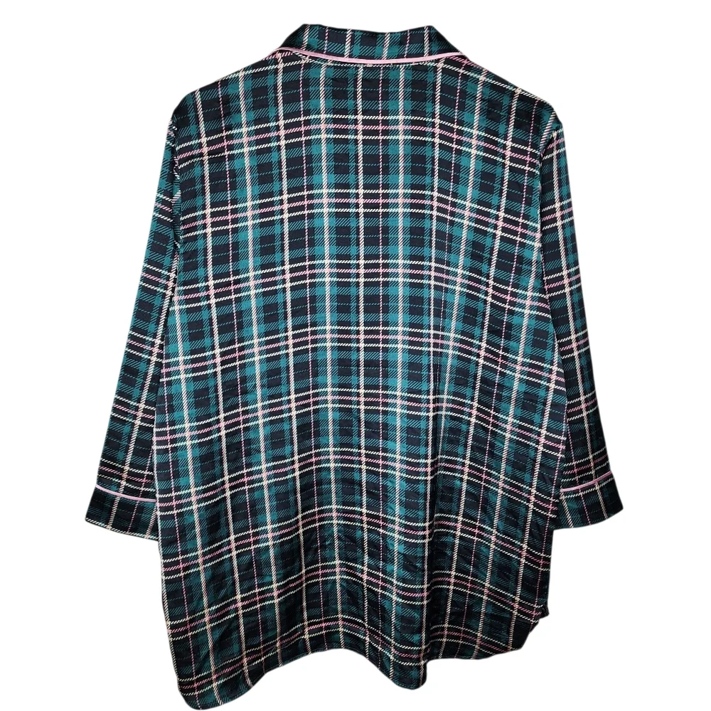 Ann Taylor‎ Sleep ~ Green & Pink Plaid Satin Pajama Set Size Large